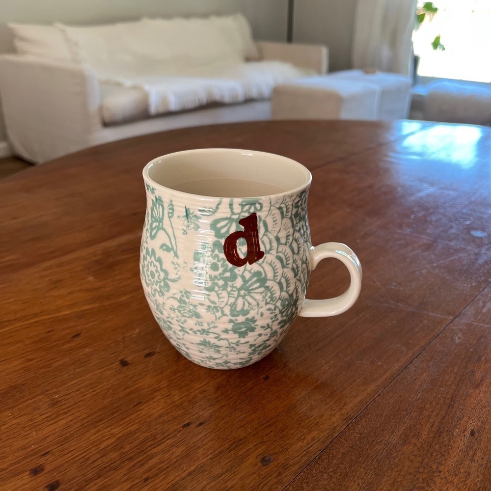 Anthropologie Floral Homegrown Toile Monogram Mug D Green
